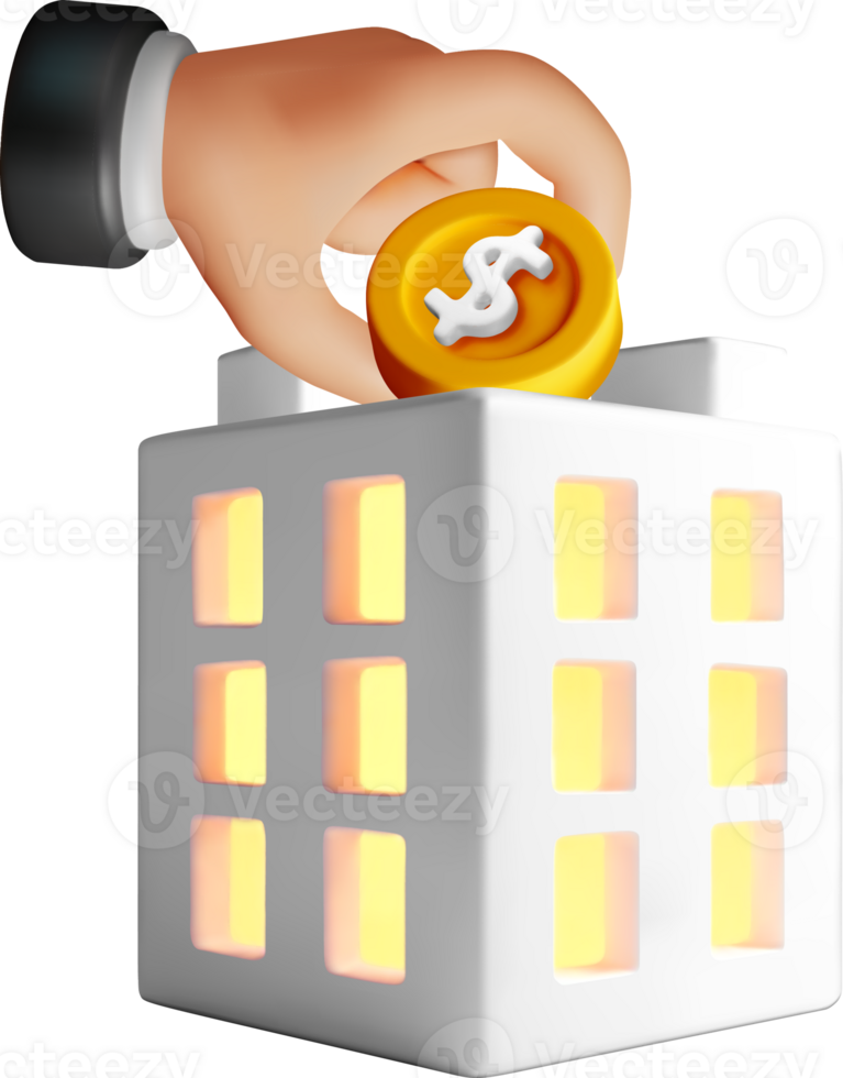 3D Hand Placing Coin on Building Top png
