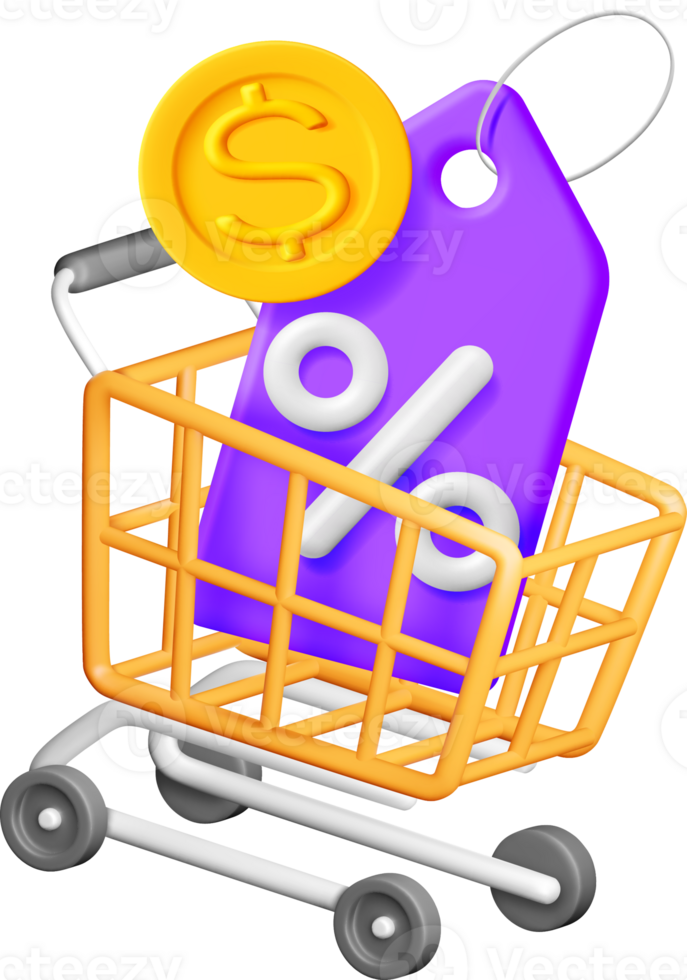 3D Shopping Cart with Discount Tag Display png