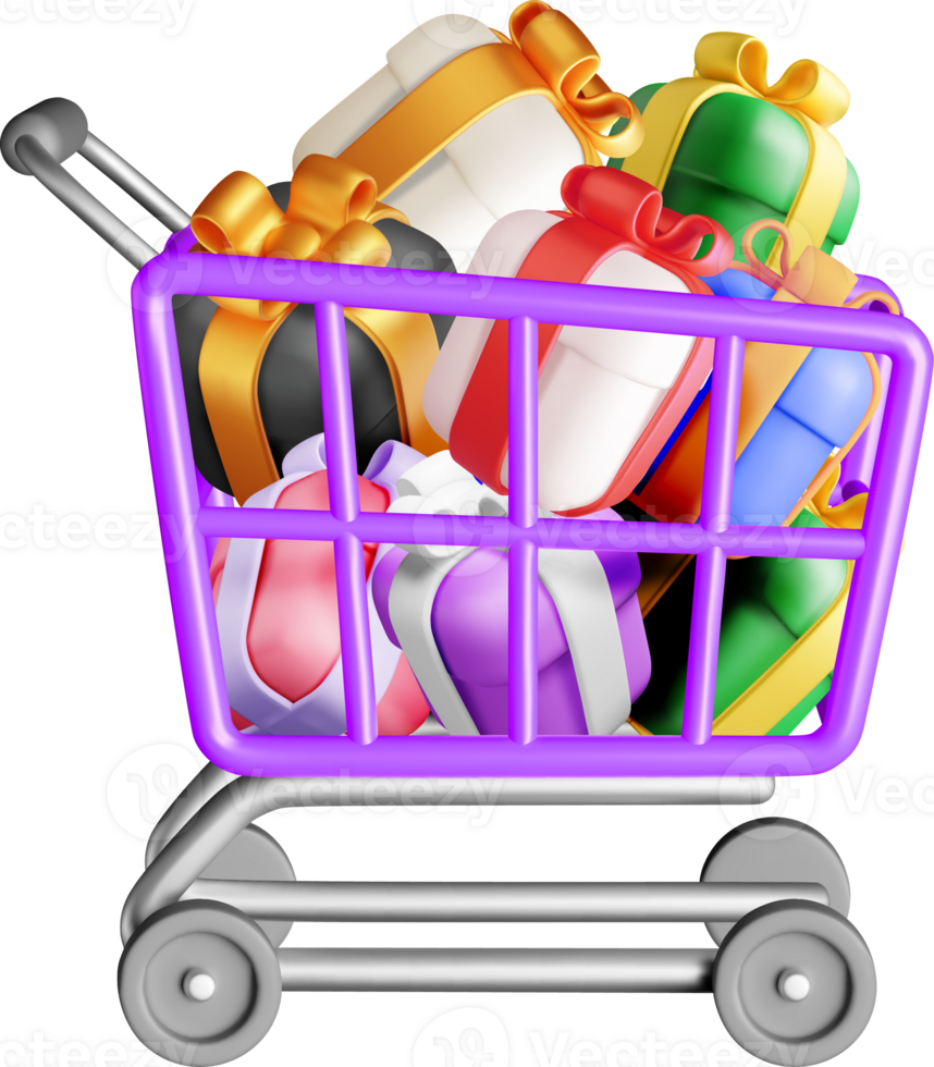 Colorful 3D Presents in Shopping Cart Display png