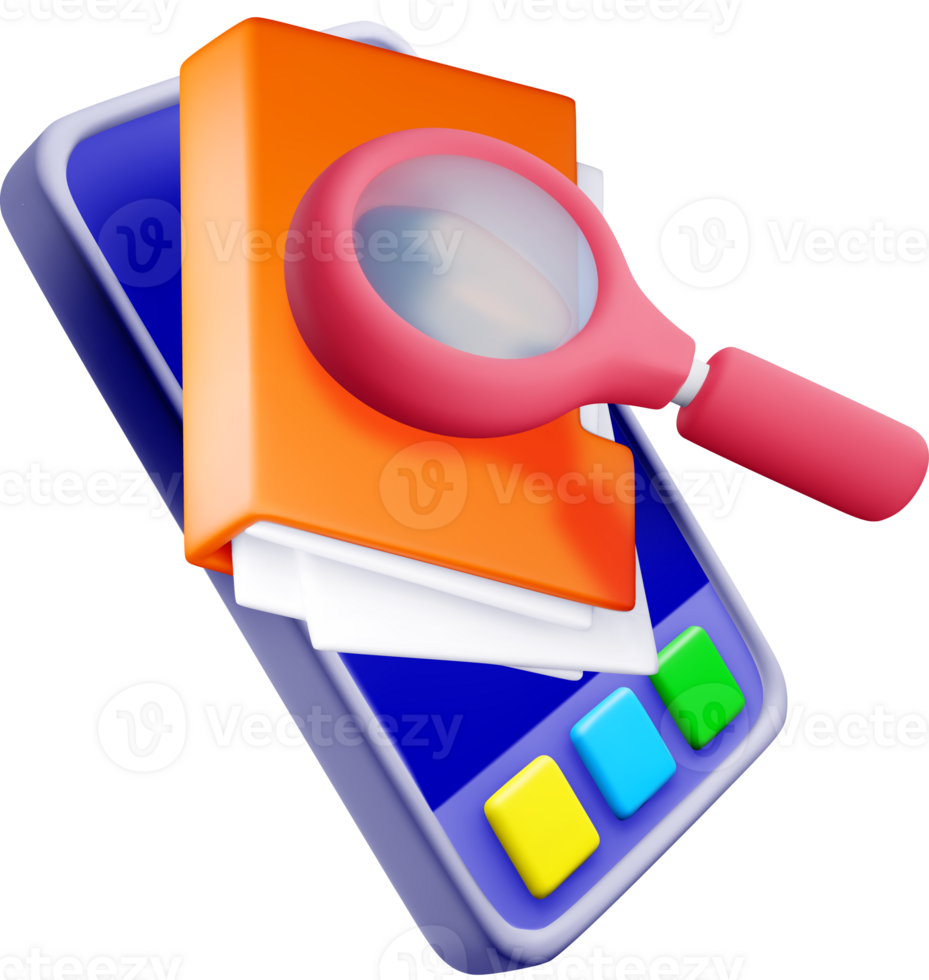 3D Mobile Phone with Magnifying Glass and Notes png