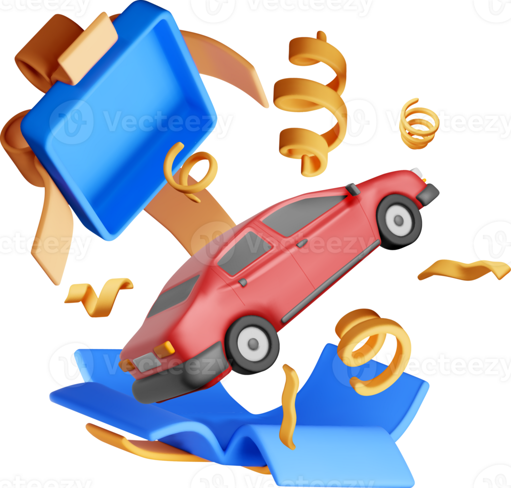 3D Car Surrounded by Gift Elements and Streamers png