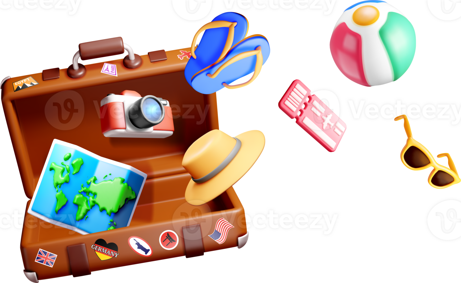 3D Travel Essentials in a Suitcase Design png