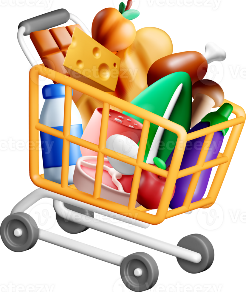 Colorful 3D Shopping Cart Filled with Groceries png