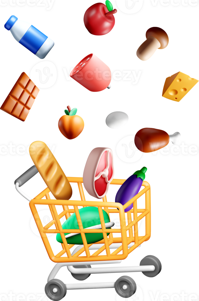 3D Grocery Cart with Floating Food Items png