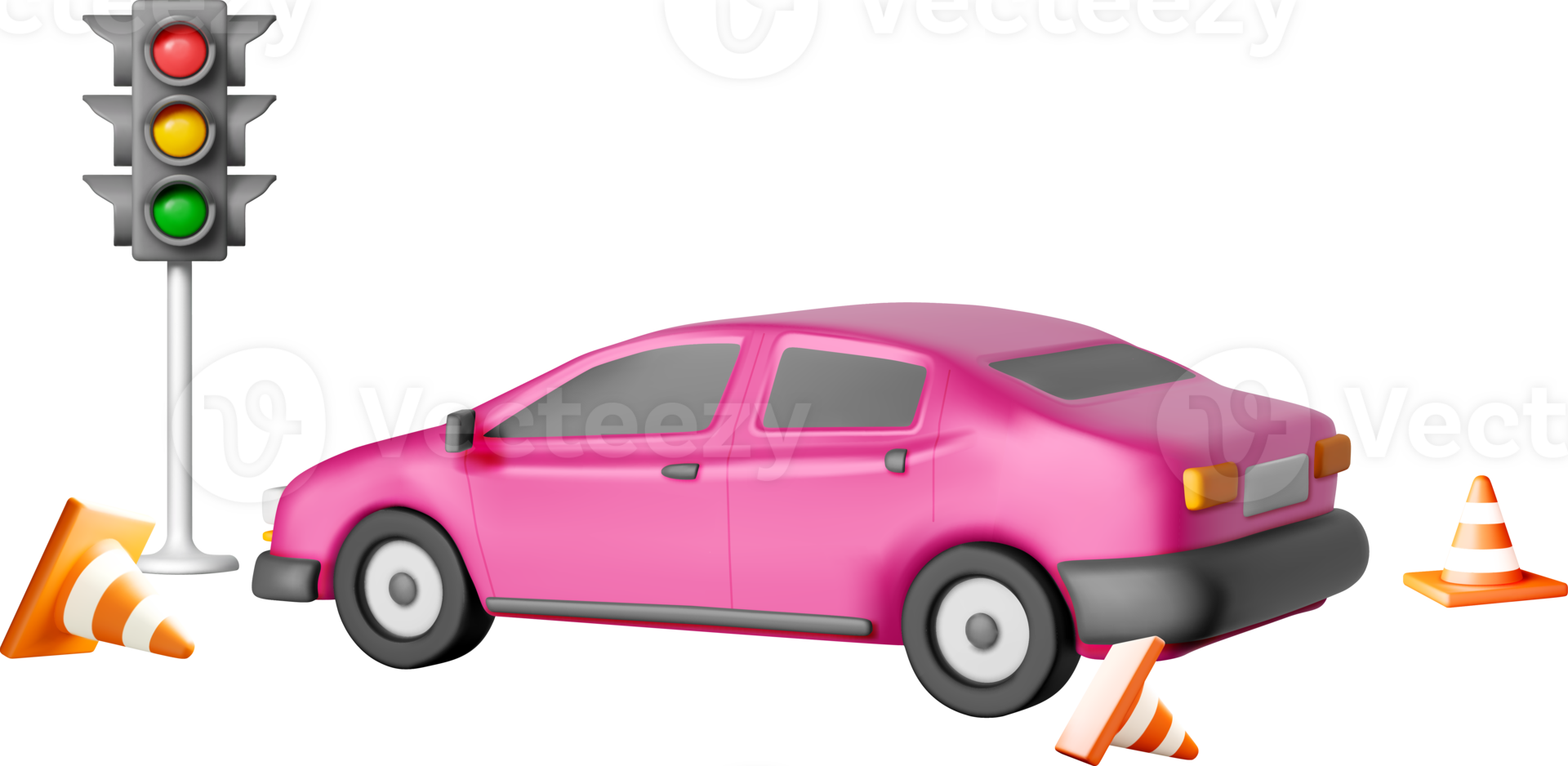 3D Pink Car with Traffic Lights and Cones png