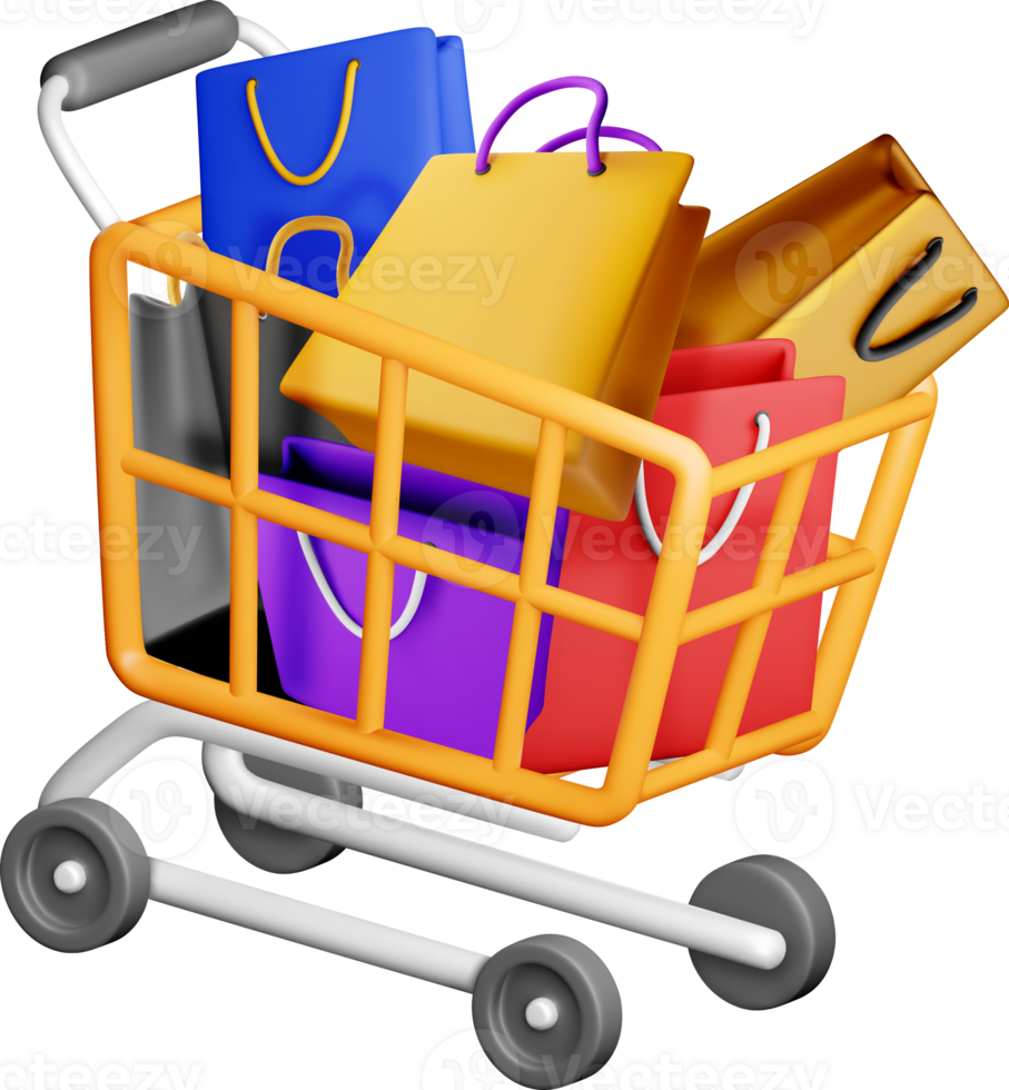 Colorful 3D Shopping Cart Filled with Bags png