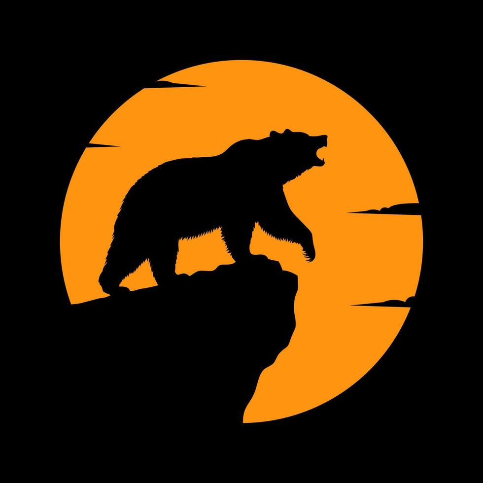 Roaring Bear Silhouette at Sunset Cliff vector