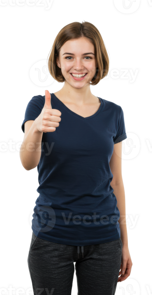 Positive vibes woman thumbs up studio setting portrait photography bright environment confident viewpoint png