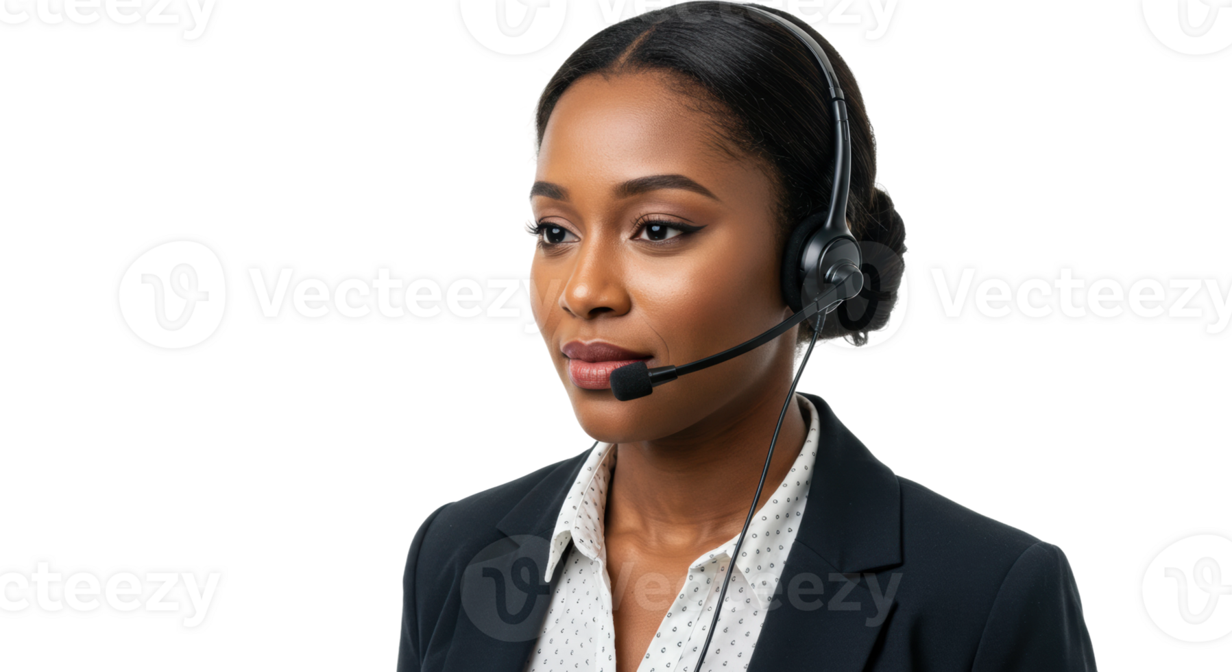 Professional portrait of customer support in a bright office setting with focused communication skills png