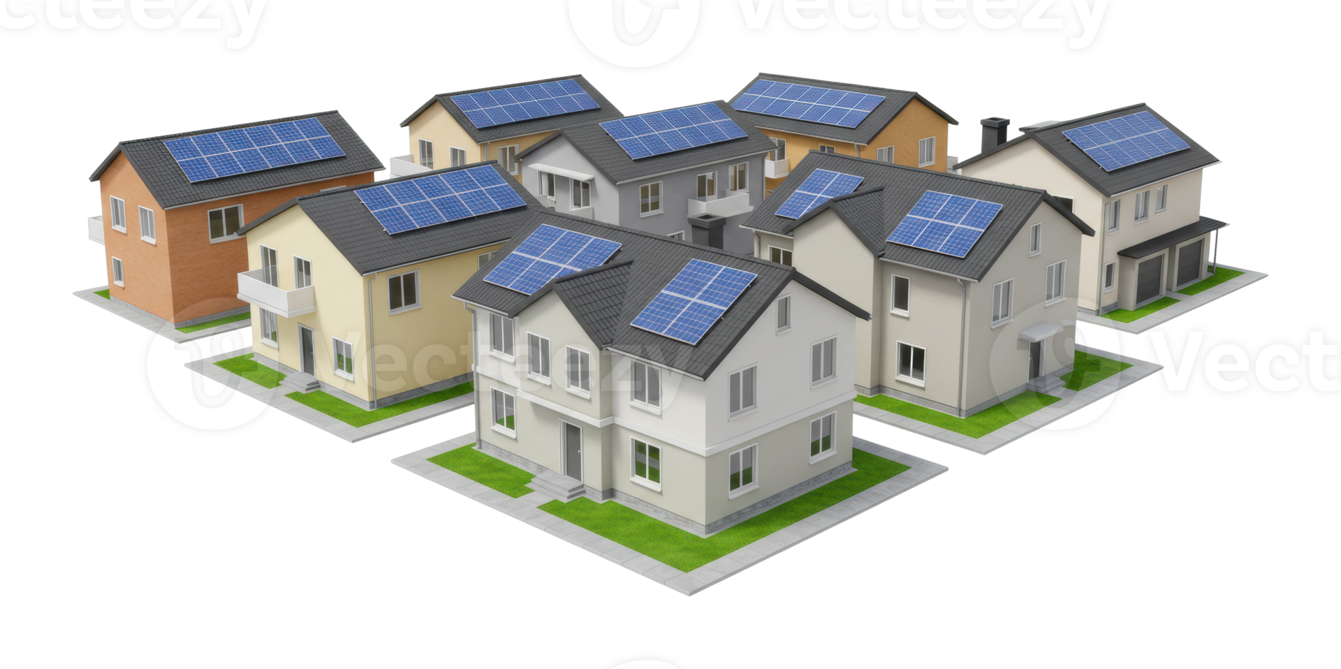 Sustainable energy transition solar-powered homes urban setting 3d model eco-friendly environment aerial view png