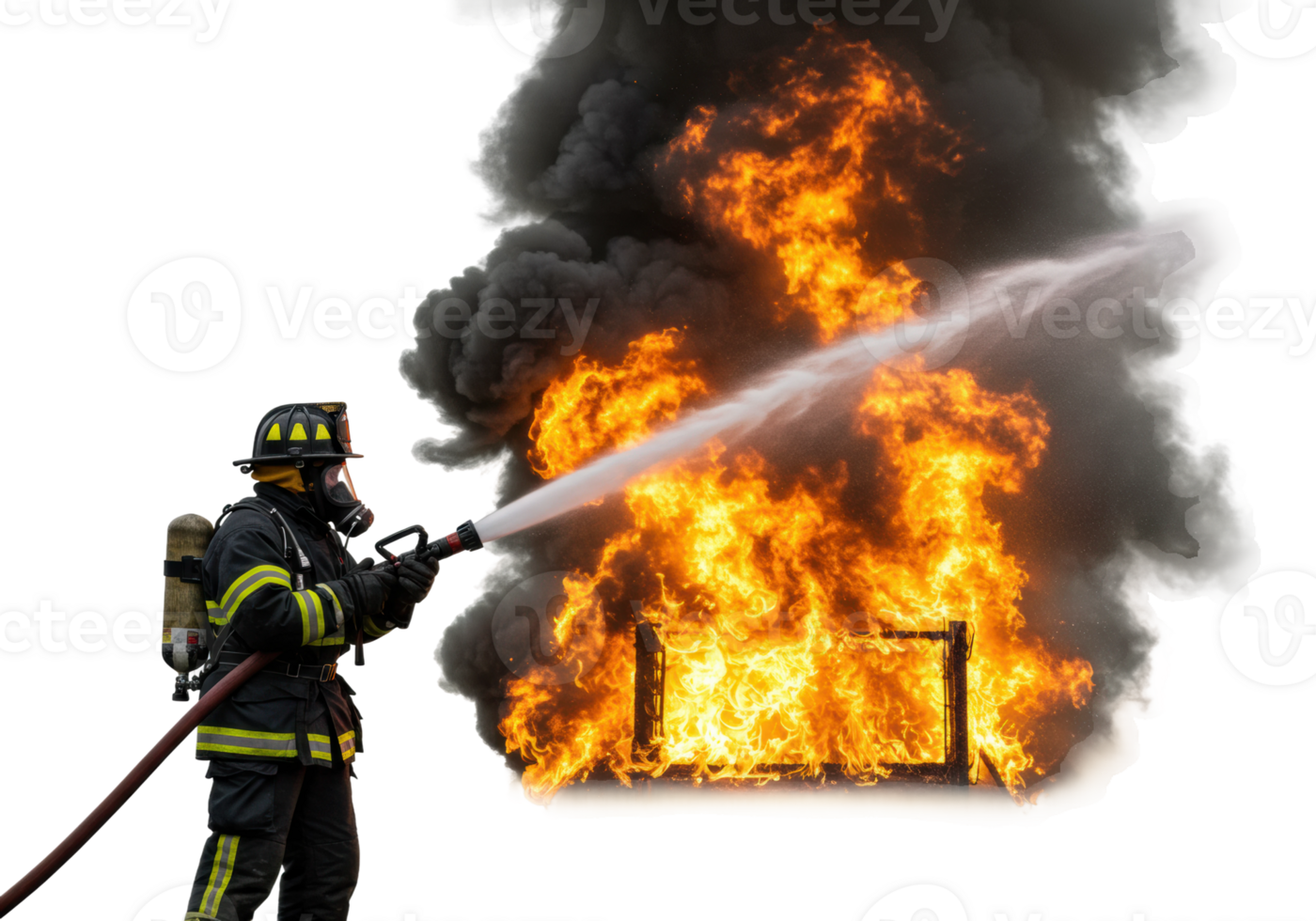 Firefighter battling blaze at residential structure action shot urban environment dramatic viewpoint png