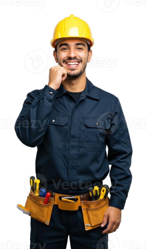 Construction worker smiling in uniform with tools studio setting portrait positive vibes png