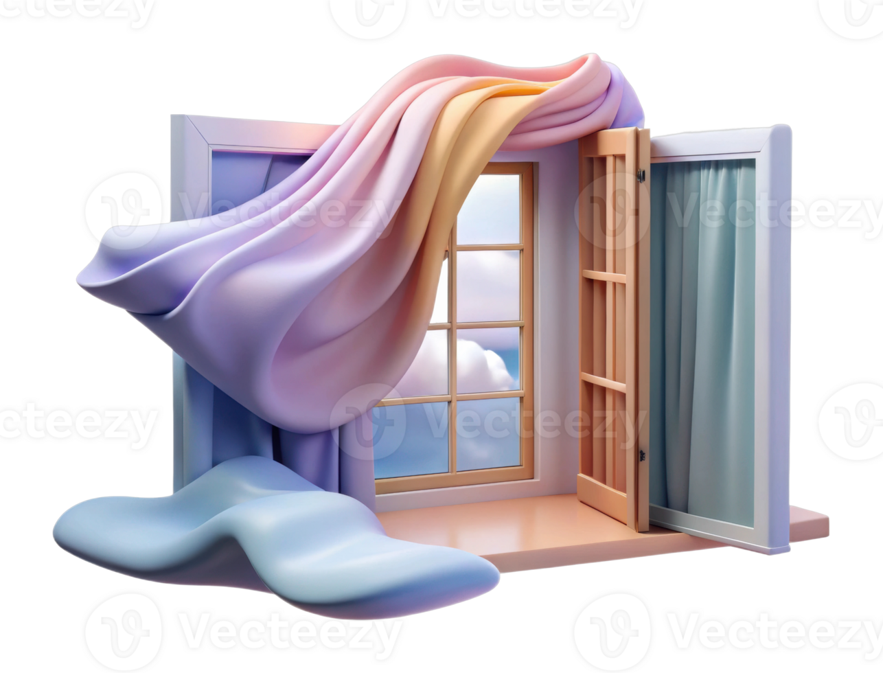 Dreamy window scene with flowing fabric artistic environment digital artwork surreal viewpoint png