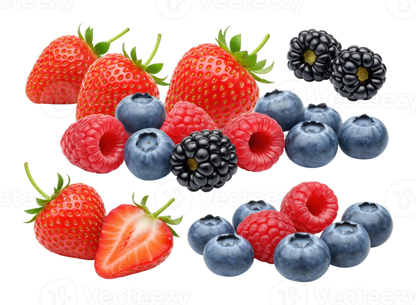 Delicious berry medley strawberries blueberries raspberries and blackberries fresh market display natural setting png