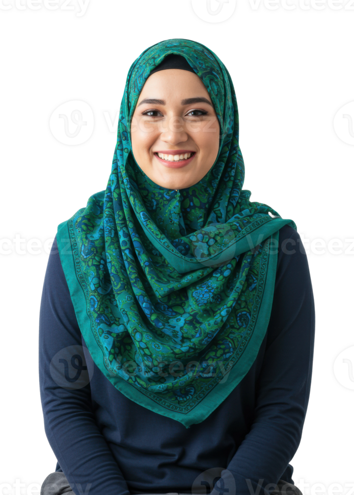 Cultural portrait of a smiling woman in a hijab indoor studio photography bright environment close-up png
