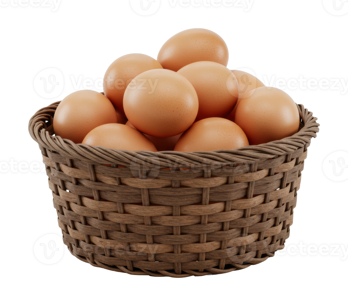 Fresh brown eggs in a woven basket farmhouse kitchen food photography rustic setting top view png