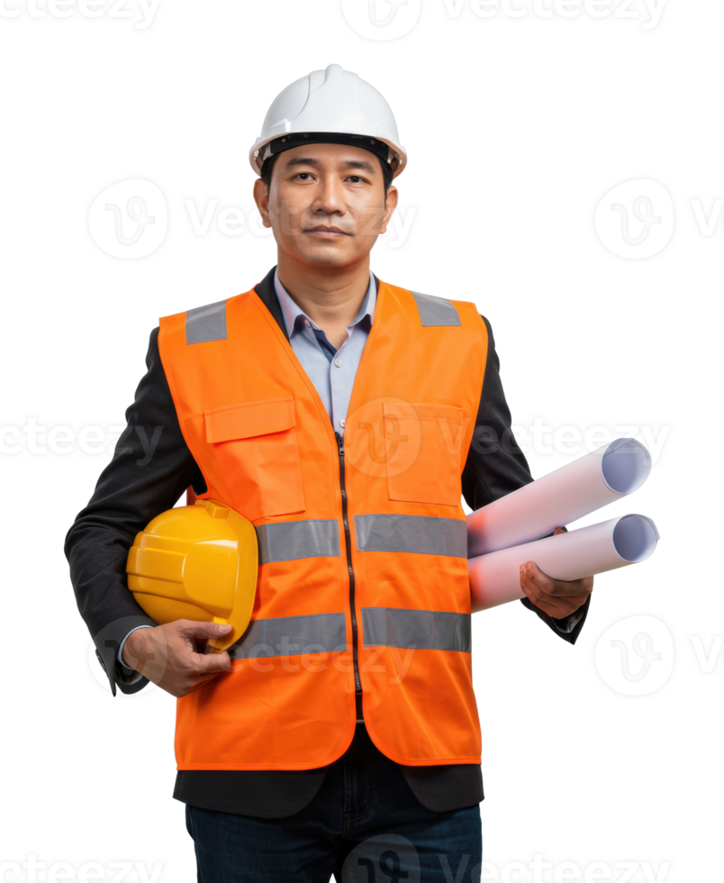Construction manager holding blueprints and hard hat studio environment professional portrait business focus png