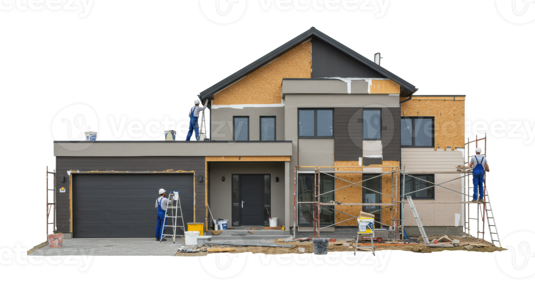 Construction workers renovating modern home urban area exterior view daylight building process png