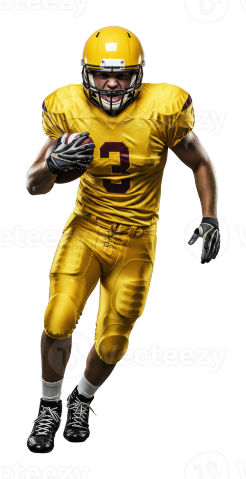 Football player running with the ball stadium field action shot daytime dynamic energy png