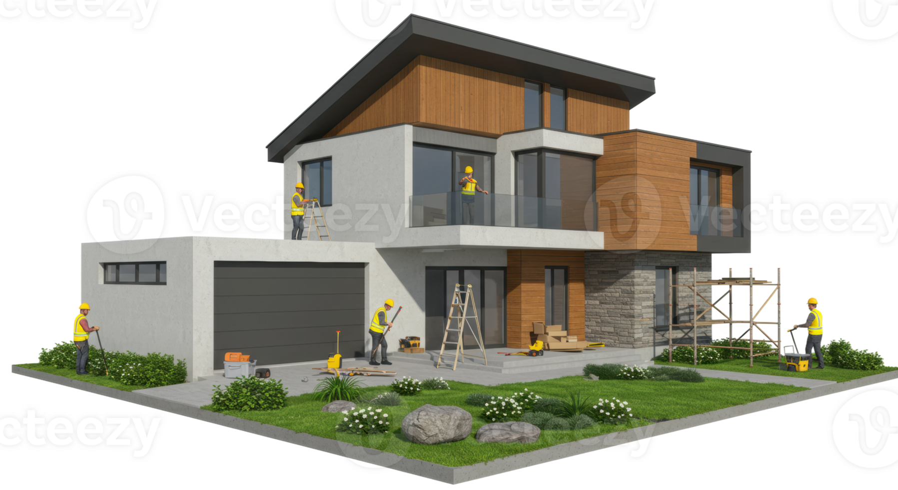 Construction workers building modern house urban area 3d render outdoor aerial view home design png