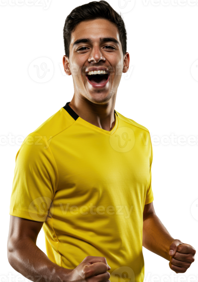 Exciting soccer celebration by a player in yellow jersey studio environment portrait viewpoint png
