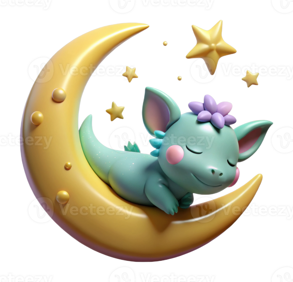 Sleeping cartoon creature on crescent moon with stars dreamy night sky digital art fantasy whimsical png
