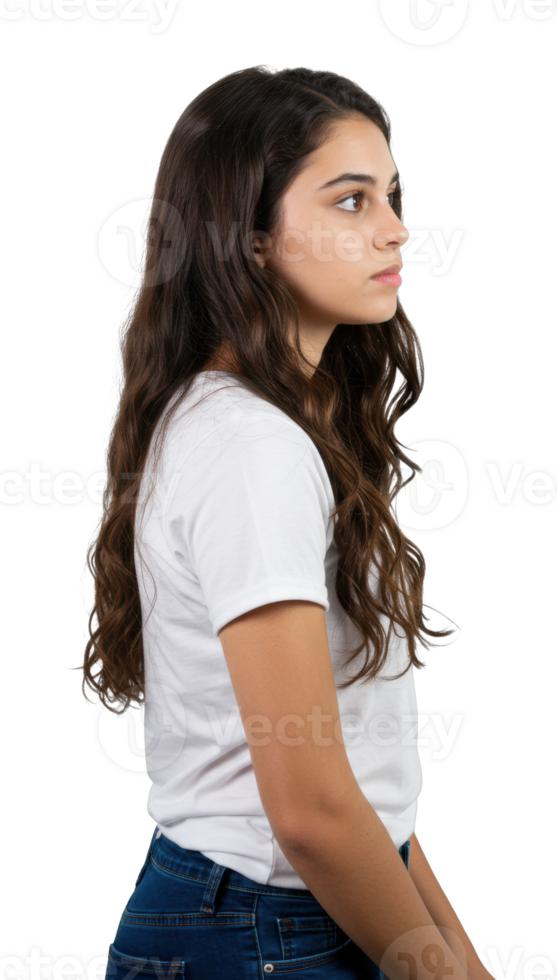 Profile view of young woman studio portrait neutral background side angle self-reflection concept png