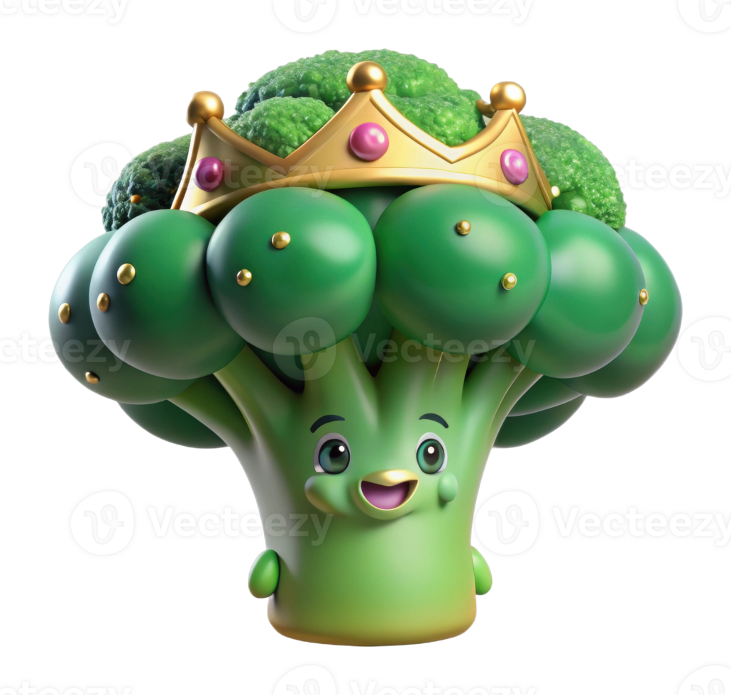 Playful broccoli character with crown fun animation whimsical style studio environment close-up nutrition concept png