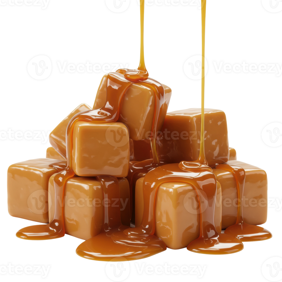 Delicious caramel dripping over sweet cubes food photography studio close-up rich dessert concept png