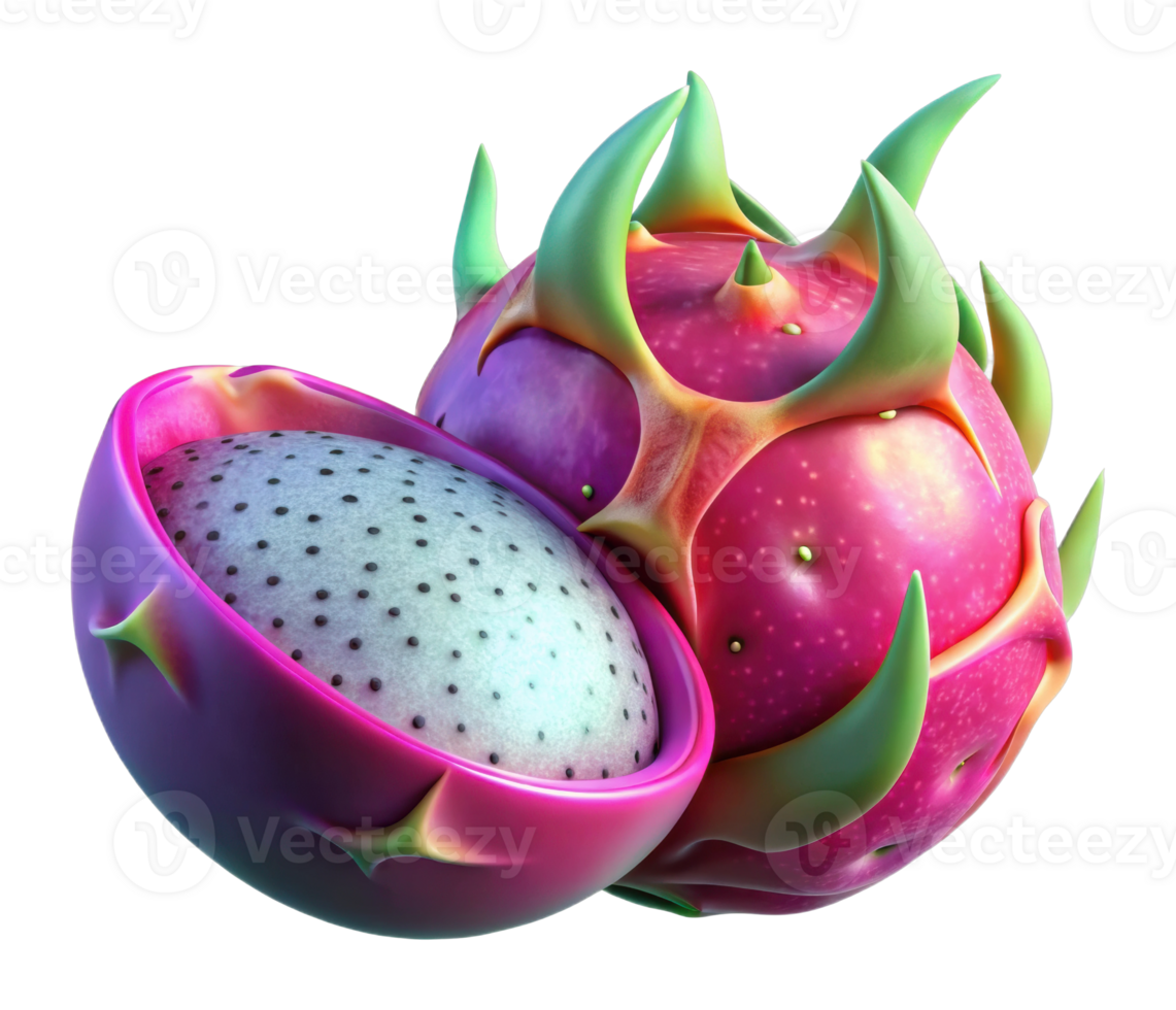 Unique dragon fruit trio tropical garden 3d render vibrant colors close-up exotic aesthetics png