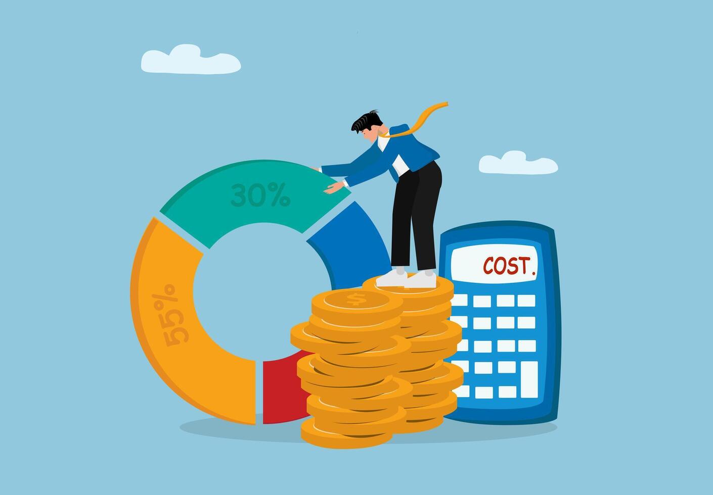 businessman on top of pile of coins with calculator and phone vector
