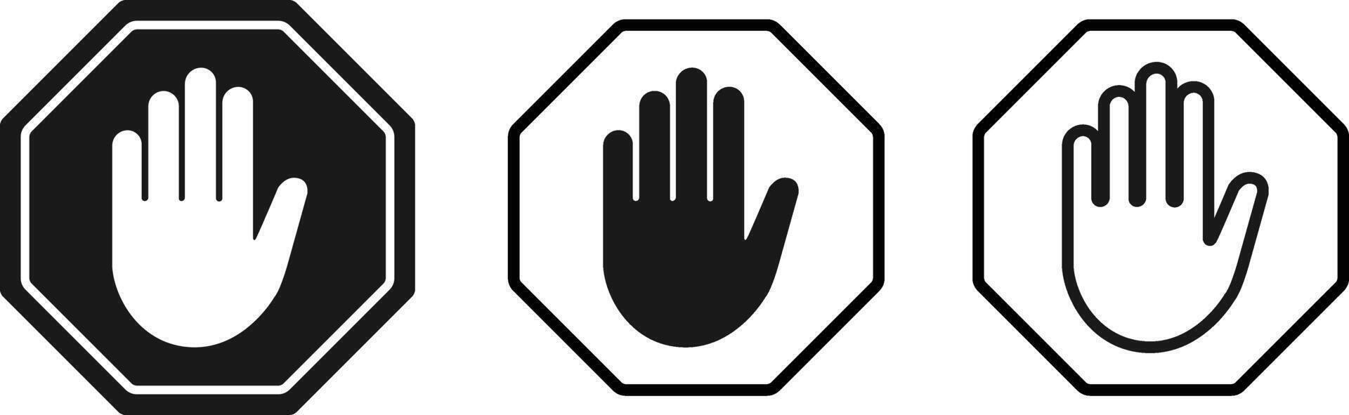 Stop Hand Octagon Icons. Set of Flat Safety Signs with Black and White Hands in Traffic Symbol Style vector