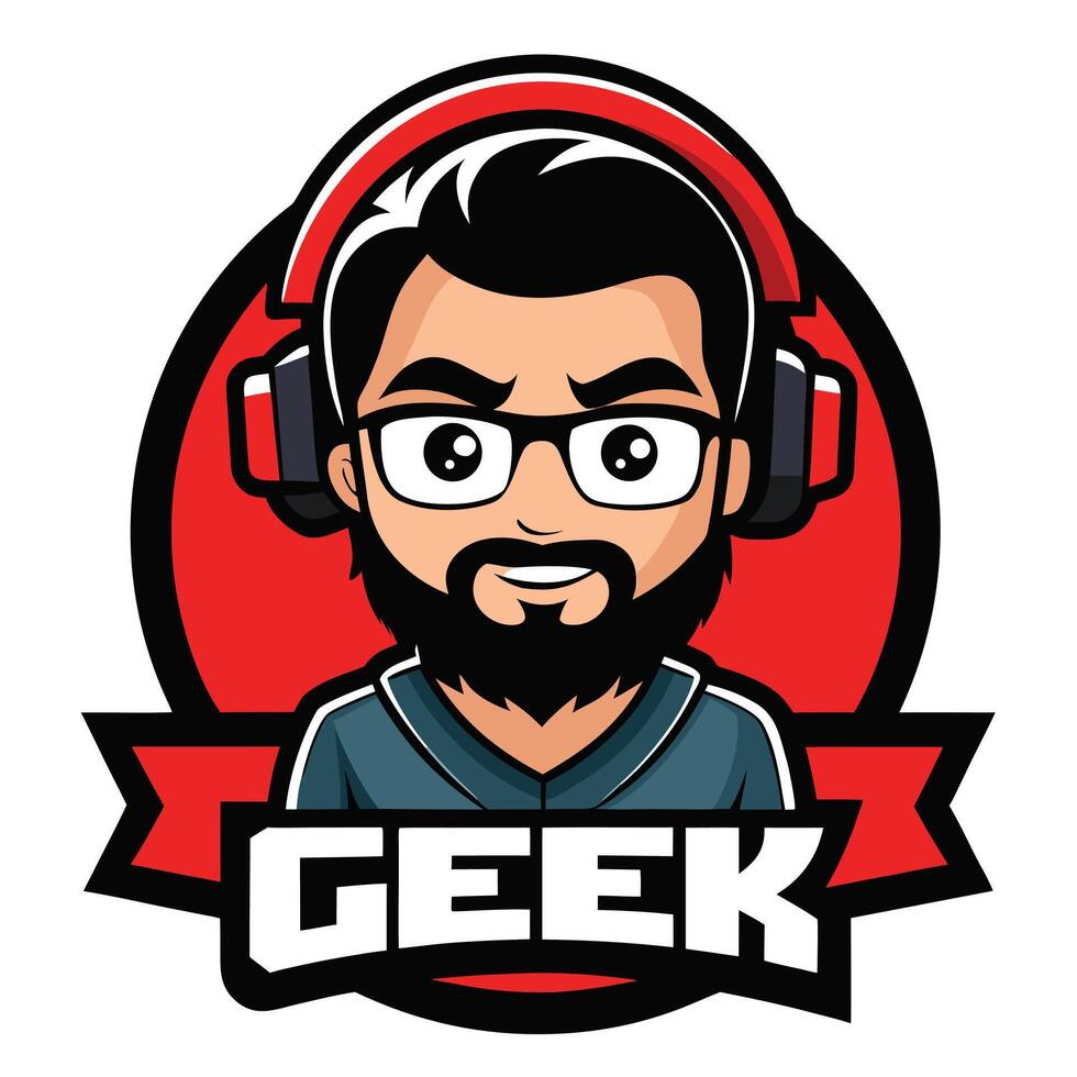 Cartoon Geek Mascot Logo Bearded Man with Headphones and Glasses on Red Background vector