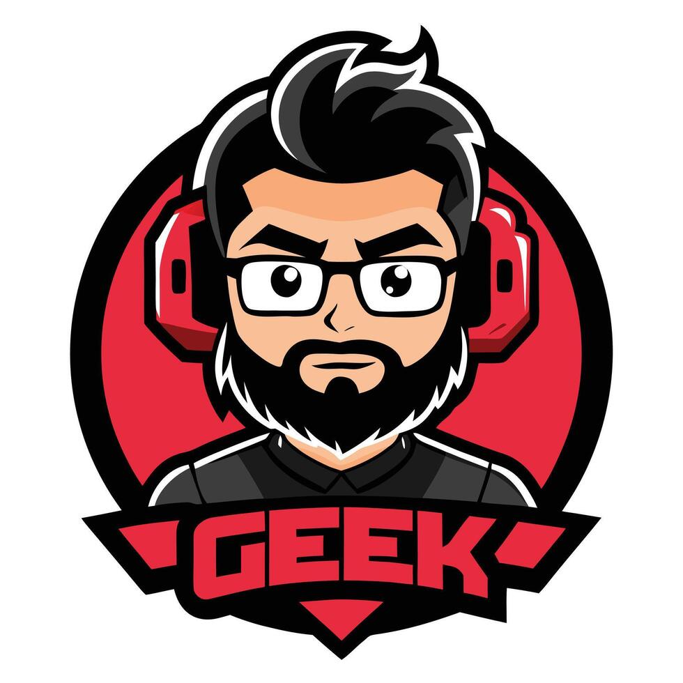 Cartoon Geek Logo Man with Beard, Glasses, Headphones and Bold GEEK Text Design vector