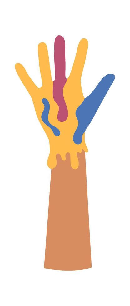 Flat Illustration Raised hand in colorful paint flat icon Showing handprint vector