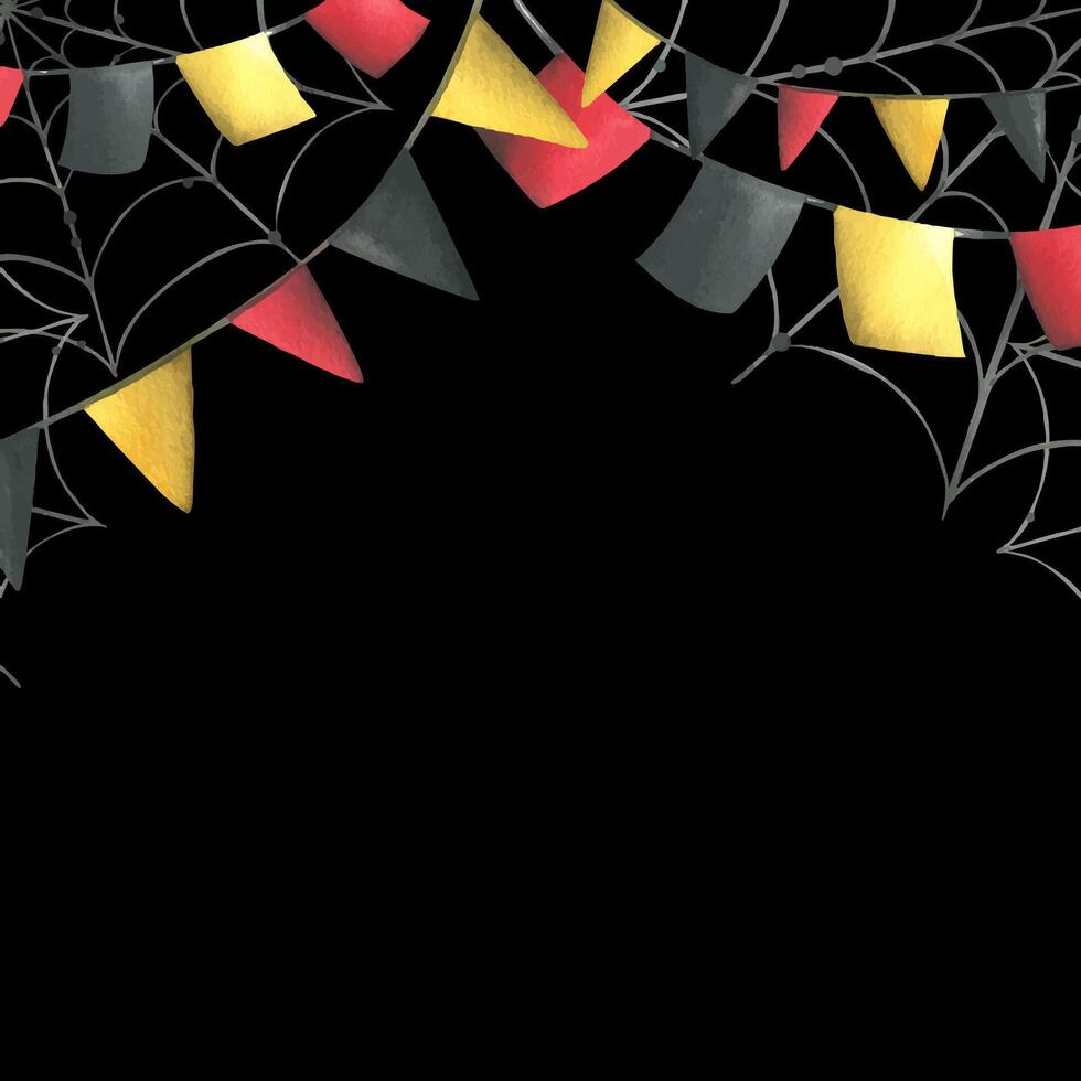 garlands with red, black and yellow flags are square and triangular with cobwebs. Hand-drawn watercolor illustration for day of the dead, halloween, Dia de los muertos. Template on black background vector