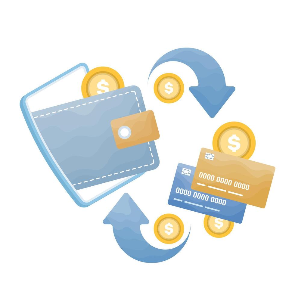 Illustration of a wallet with a payment card. It symbolizes financial exchange or digital payment. Online payments. Transferring money from a mobile device. Secure and easy payments. vector