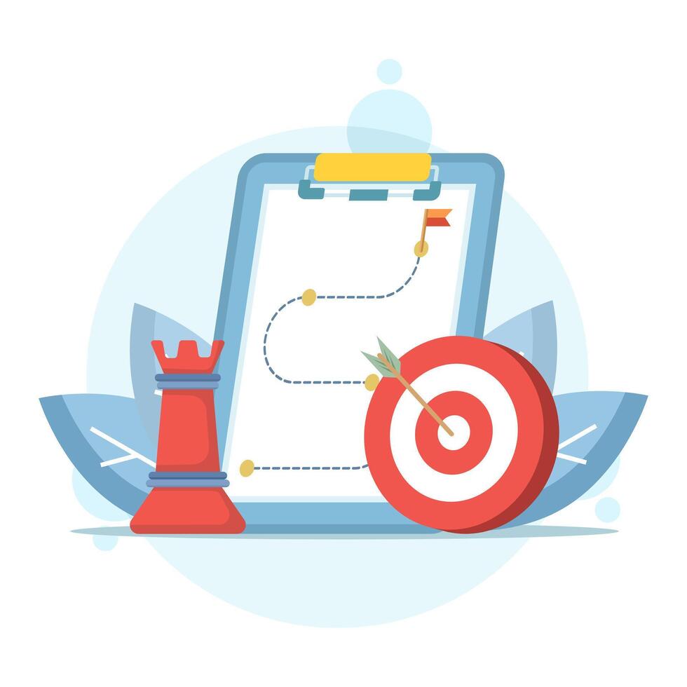 Marketing strategy concept. Strategic planning, a plan to overcome difficulties or obstacles to achieve goals or targets, defining objectives, and planning strategies. Flat illustration. vector