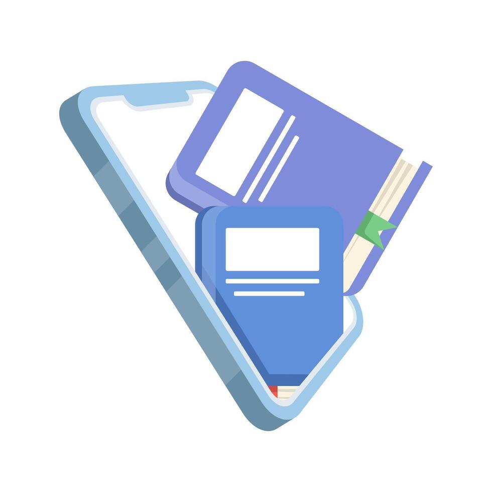E-book concept. Reading e-books on a mobile phone. Modern e-books. Mobile phones with flying books. E-books, internet courses, and the graduation process. Flat style illustration. vector