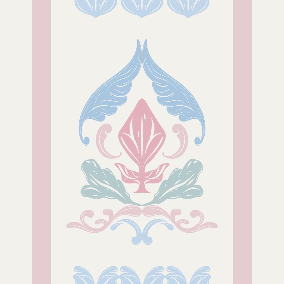 Vertical Thai decorative border with lotus-inspired art and symmetrical layout in calming pastel palette soft tone pink blue mint pattern. Perfect for fabric panels, curtain design, product packaging vector