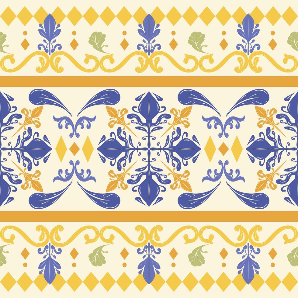Mediterranean inspired border design with blue floral motifs and sunny yellow diamond shapes. A perfect choice for tableware mockups, tile design, vibrant food packaging, coastal European vibe vector