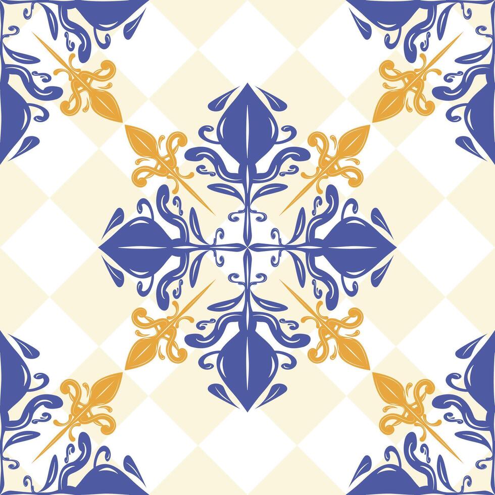 Centralized tile layout seamless with stylized fleur-de-lis elements in rich navy and gold. This ornate and balanced composition suits luxury branding, digital tiles, European-themed design projects vector