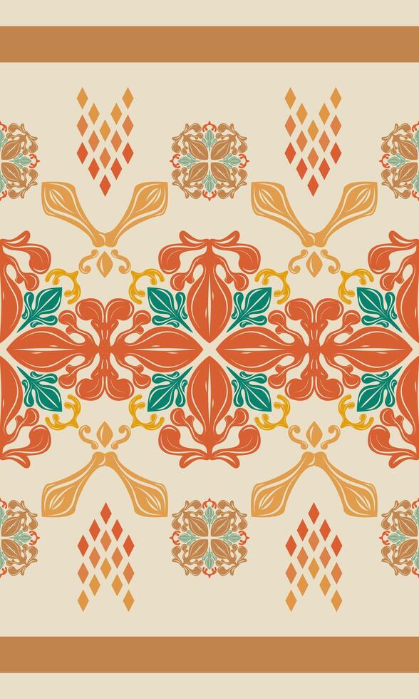 Elegant baroque floral repeat with bold leaf shapes and structured composition in deep orange and green. Ideal for fabric prints, interior decor elements, high-end digital papers, tapestries scrapbook vector