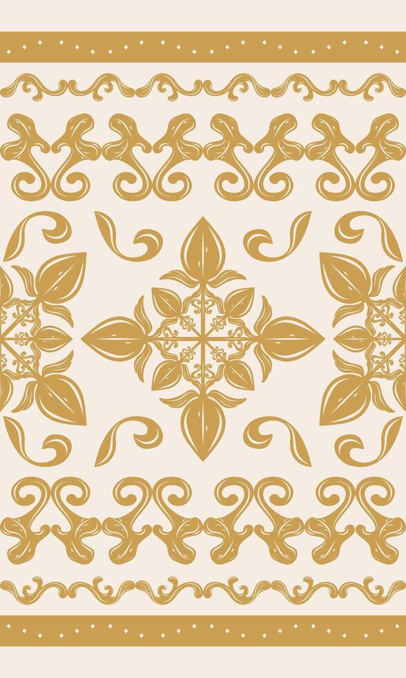 A bold tile medallion pattern in deep ochre, rich with stylized petals and scrollwork seamless border golden ornament. Perfect for premium packaging, ceramic prints, digital heritage themed assets. vector