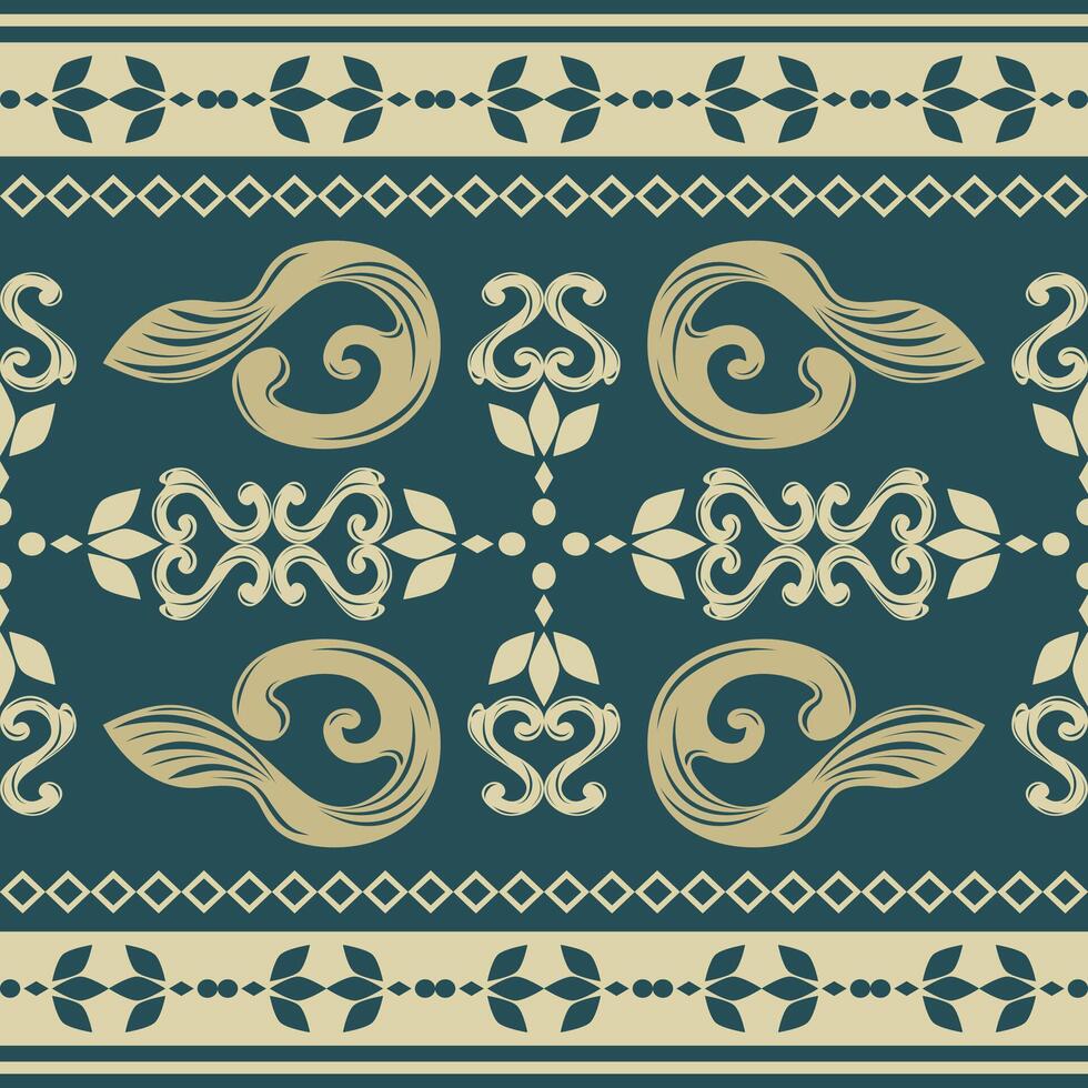 Flawless Ivory Ethnic Motif Florals Medieval Style On Dark Green Background Seamless Border Pattern for Handicraft Products Wallpaper Fleur de lis Culture Silk Weaves Fabric Prints Textiles Ceramic vector