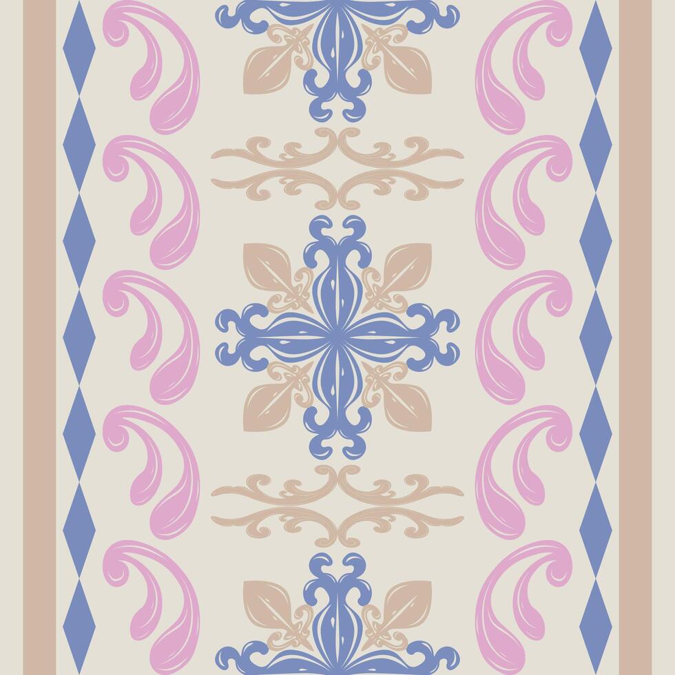 Antique Luxury Brocade Textiles Royal Garden Blooming Pink Gold Blue on Beige Background Seamless Border Pattern. Gentle Sweet Dream Illustration Medieval Style for Fashion Embroidery Print Textiles vector