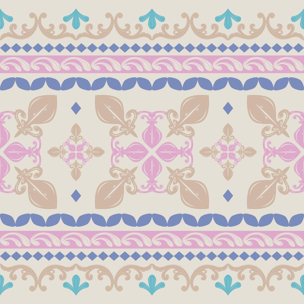 Creative Boho Fashion Textiles Prints Art Nouveau Medieval Inspired Seamless Border Pattern Pink Blue Cyan Gold on Light Beige Background Design for Wallpaper Embroidery Handicraft Bohemian Batik Lace vector