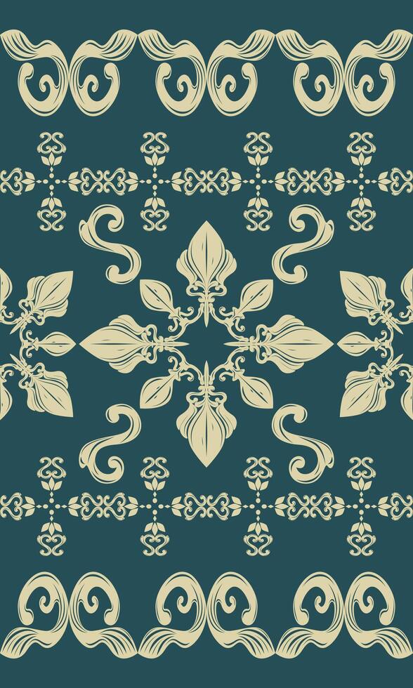 Gorgeous Delicate Ivory Bohemian Damask Style Floral Striped on Deep Green Background. Delicate Ornament for Luxury Oriental Rich Design for Interior silk Weaves Handicraft Embroidery Exquisite Batik vector