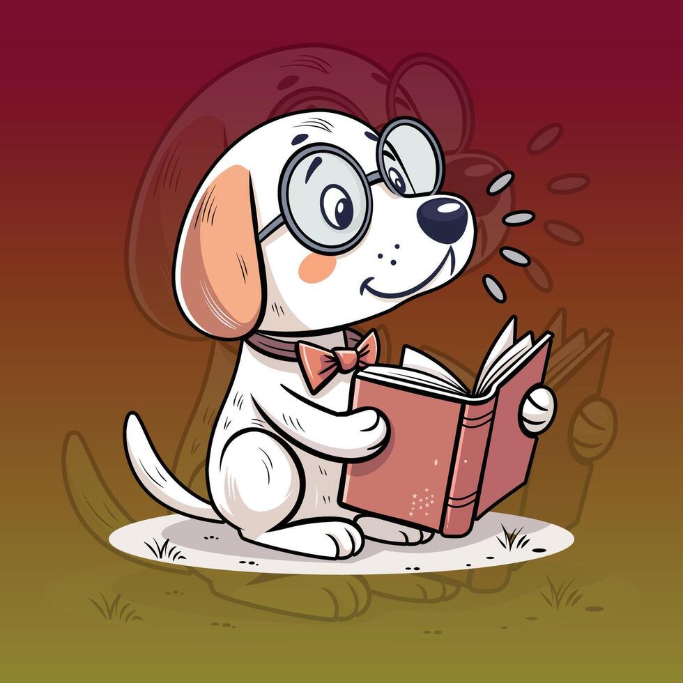 Cute Cartoon Dog Reading Book with Glasses vector