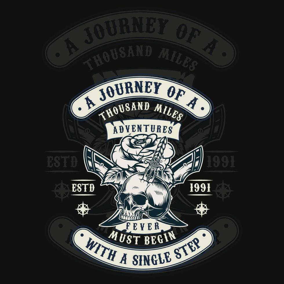 Adventure Skull with Rose and Dagger in Vintage Tattoo Style Design vector